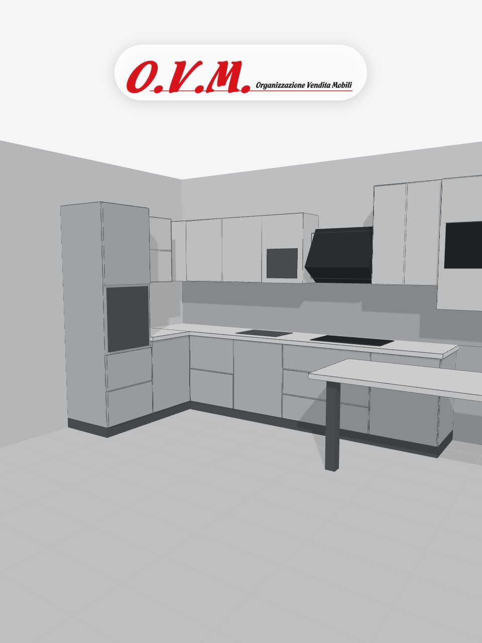 Vista 3D in grigio della cucina progettata